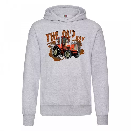 t25 traktorový sveter s kapúcou svetlo sivá