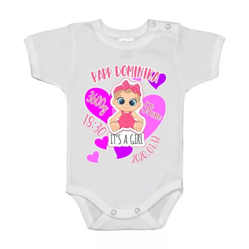 biele detské body s krátkym rukávom s údajmi o narodení (dievča)