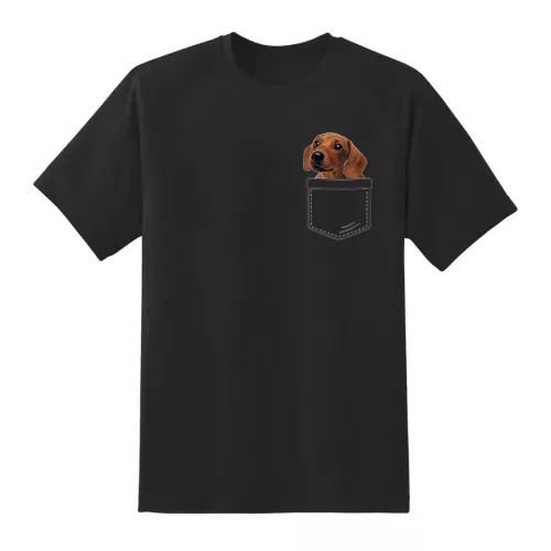 hnedý jazvečík ​​vo vrecku čierne tričko