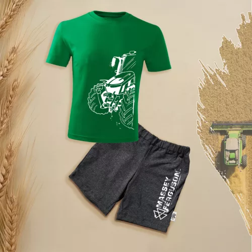 detská súprava krátkych rukávov a šortiek massey ferguson obrys zelenej farby.