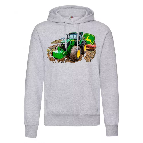 zelený traktor do práce sveter s mikinou svetlo šedý