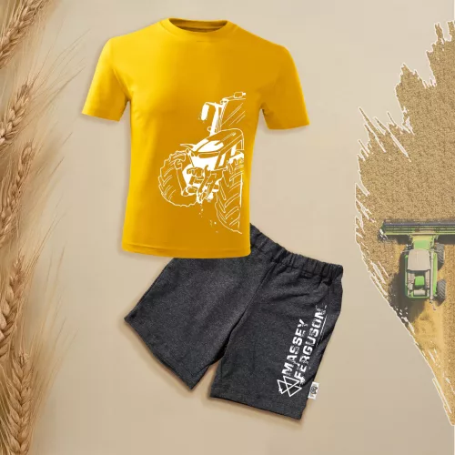 detská súprava krátkych rukávov a šortiek massey ferguson v žltej farbe.