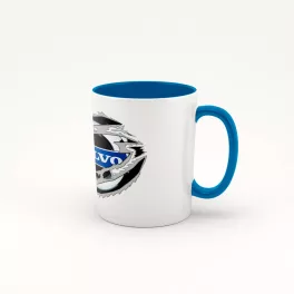 modrý hrnček s logom volvo