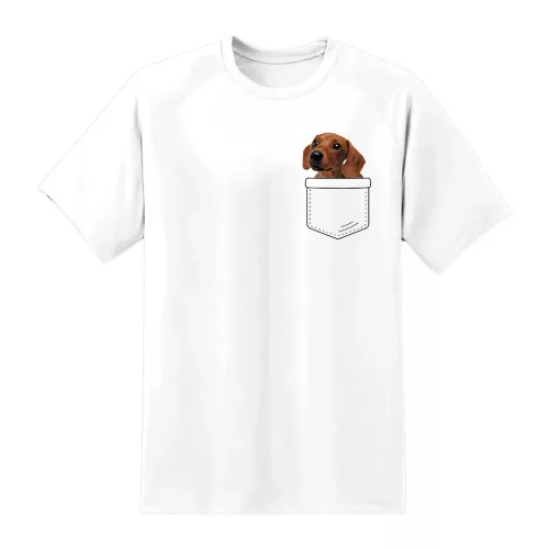 hnedý jazvečík ​​vo vrecku biele tričko