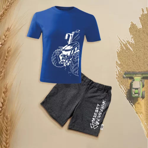 detská súprava krátkych rukávov a šortiek massey ferguson s modrým obrysom.