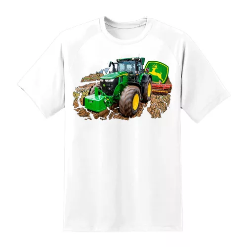zelený traktor v práci biele tričko
