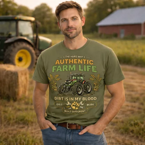 Authentic Farm Life zelené tričko (S anglickým textom)