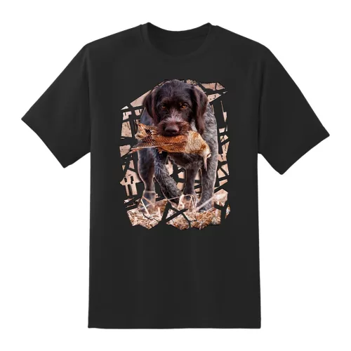 čierne tričko s drobitou nemeckou vizsla s bažantom