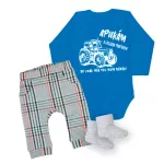 môj otec je najlepší traktor čierny vzor, ​​body pre bábätká modrý dlhý rukáv + nohavice a ponožky