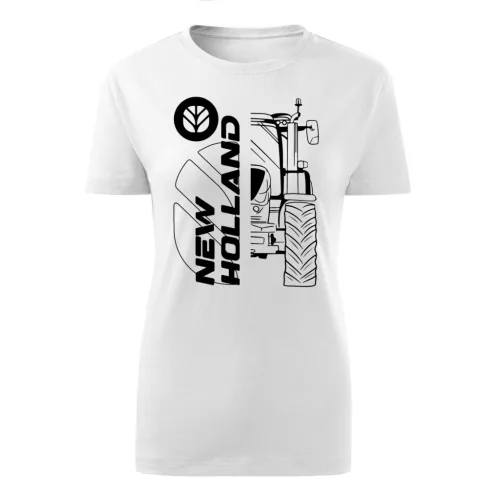 biele dámske tričko new holland obrysového dizajnu