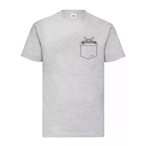 sivé mačiatko vo vrecku sivé tričko