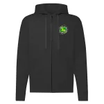 čierny svetr s mikinou so zeleným logom traktor zips