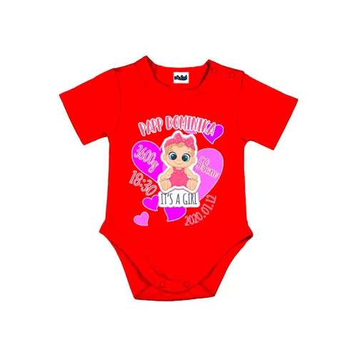 body pre bábätko s krátkym rukávom červená name s údajmi o narodení (dievča)