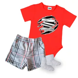   sedák červený krátky rukáv body pre bábätká + šortky a ponožky