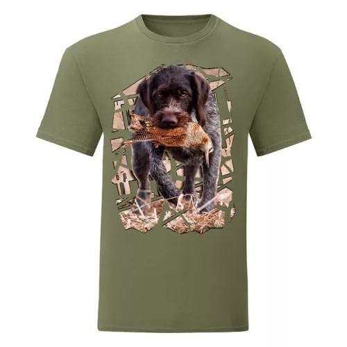 zelené tričko s drostovlásou nemeckou vizsla s bažantom