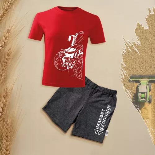 detská súprava krátkych rukávov a šortiek massey ferguson s obrysom červenej farby.