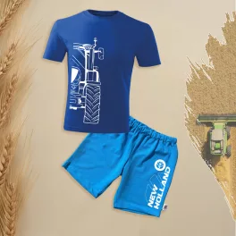   detská súprava s krátkym rukávom a šortkami new holland s modrým obrysom.