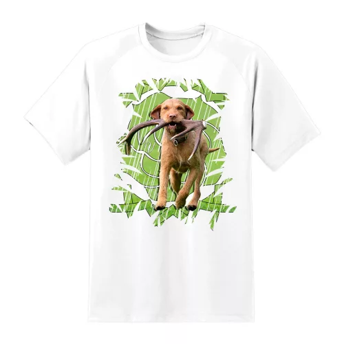 biele tričko s drrátovými vlasmi vizsla s antormi