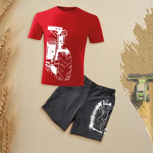 zelená súprava traktorov v červenej farbe pre deti s krátkym rukávom a šortkami.