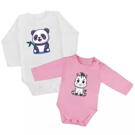   2 kusová súprava zebra panda (biela ​​- ružová) dlhý rukáv