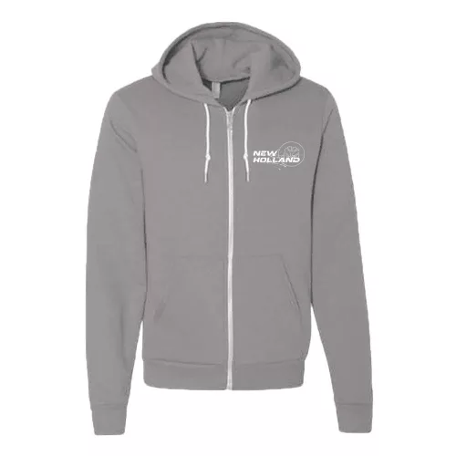 svetlo sivá svetre s kapucou na zips nový obrys new holland biely vzor