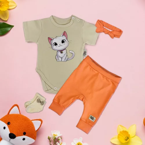 cat piesková/oranžová exkluzívna súprava detského oblečenia s čelenkou