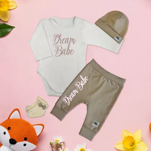 exkluzívna súprava detského oblečenia dream babe biely/káva (s dlhým rukávom)