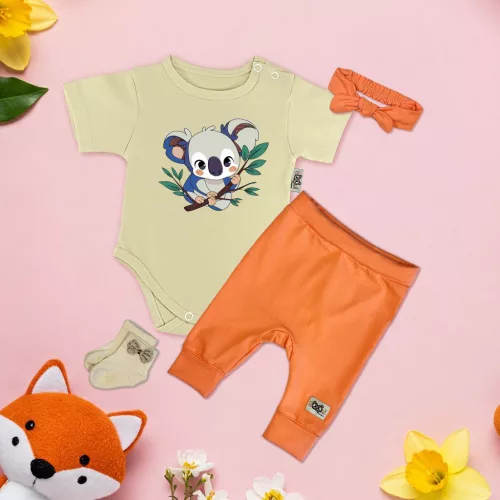 koala sivobiela/oranžová exkluzívna súprava detského oblečenia s čelenkou
