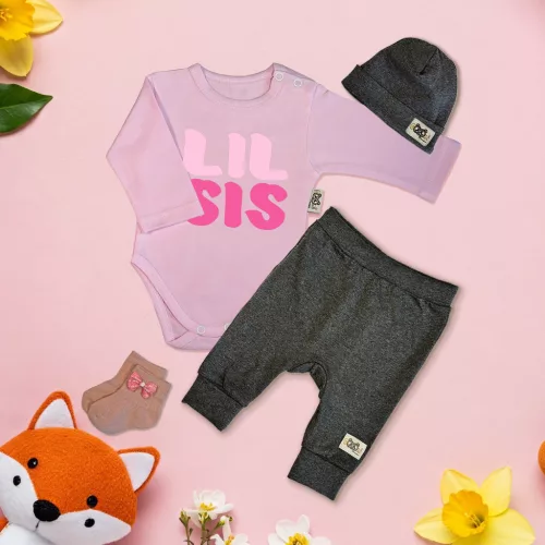 lil sis ružová/tmavé svetlé vlákno exkluzívna súprava detského oblečenia (dlhý rukáv)