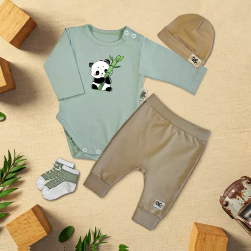 exkluzívna súprava detského oblečenia pandas mäta/káva (dlhé rukávy)