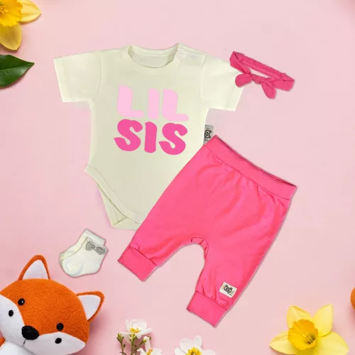 lil sis sivobiela farba/ružová exkluzívna súprava detského oblečenia s čelenkou