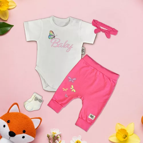 bábätká biely/ružová exkluzívna súprava detského oblečenia s čelenkou