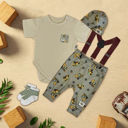 exkluzívna súprava detského oblečenia piesok/light s vreckami a vínovo červenými podväzkami