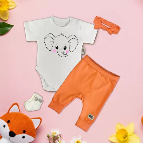 exkluzívna súprava detského oblečenia slonia biela/oranžová s čelenkou